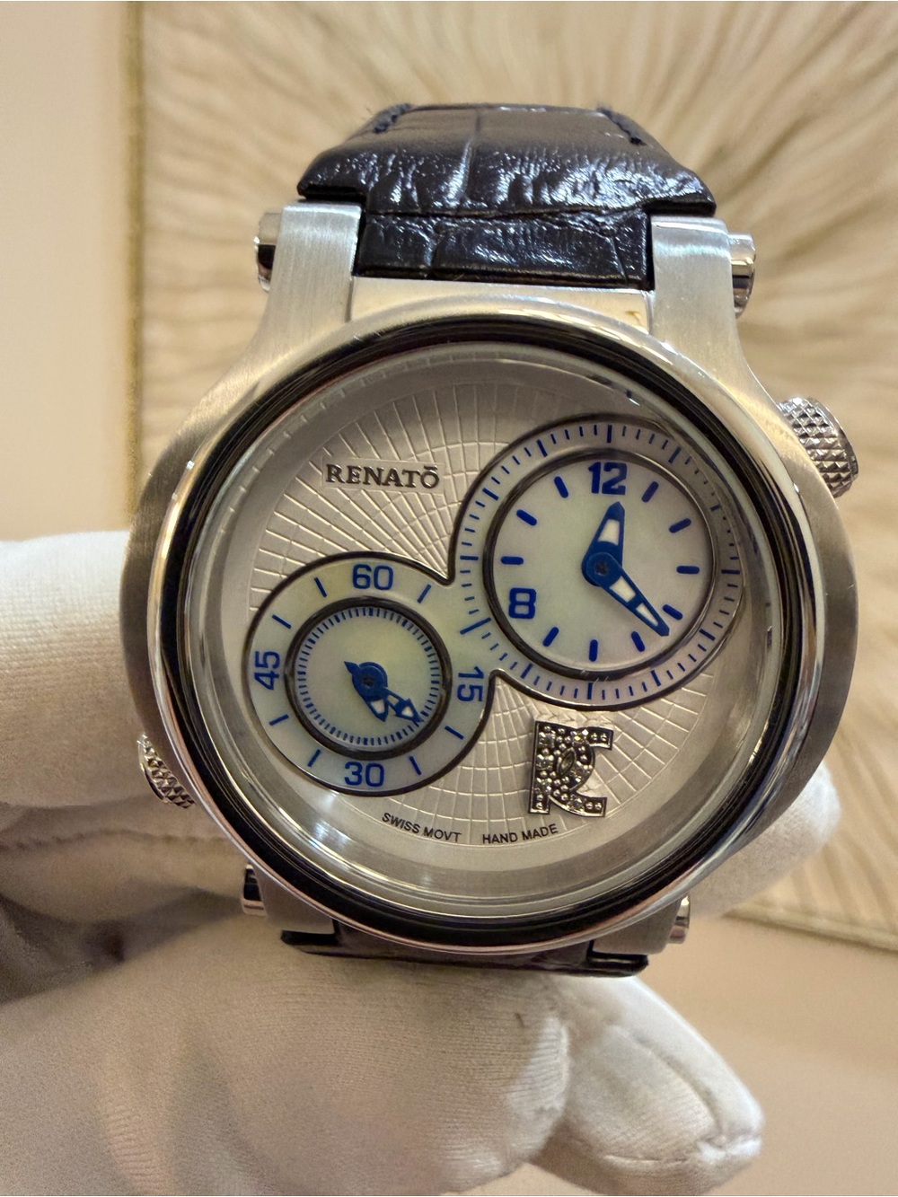 Renato Beauty 38mm Watch Dual Time Genuine Diamond Swiss Movt